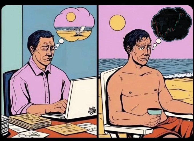 A two-panel illustration contrasts a tired, fully-clothed man in a pink shirt working at a desk with stacks of money, dreaming of a beach vacation, while the neighboring panel shows him shirtless and relaxed on that same beach—but thinking only of declining stock charts. The image humorously depicts how work stress follows people even into their leisure time.