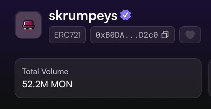 A digital collectible card displaying the token 'skrumpeys' with a total volume of 52.2M MON and an ERC721 contract address.