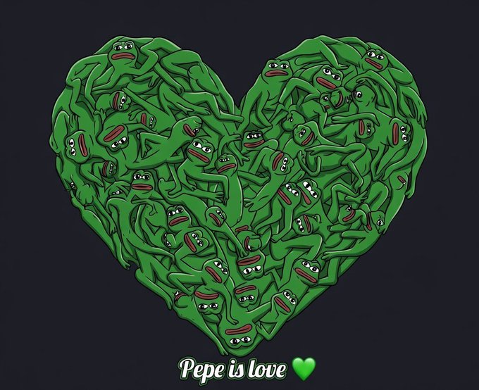 A digital illustration of a large green heart made up entirely of intertwined Pepe the Frog characters with the text 'Pepe is love' and a green heart emoji at the bottom.