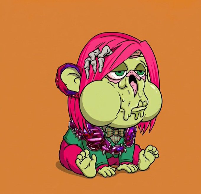 A stylized cartoon illustration of a sickly green-skinned goblin-like creature with pink hair, skeletal fingers emerging from its head, and purple worm-like creatures crawling on its body against an orange background.