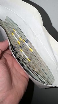 A hand holds a thick stack of printed documents secured with yellow tabs, the pages fanned slightly to reveal their volume. The image visually represents the post's metaphor of "printing green on the green exchange," symbolizing the mass production or proliferation of financial trading activity on a stock exchange.