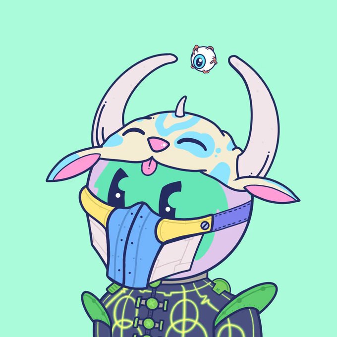 A cartoon character with horns and an eyepatch has a small animal sleeping on their head, with an eyeball floating above them against a mint green background.