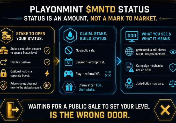 An infographic titled 'PLAYONMINT $MNTD STATUS' outlines token mechanics, including staking requirements, airdrops, and jurisdiction warnings, with a banner stating 'WAITING FOR A PUBLIC SALE TO SET YOUR LEVEL IS THE WRONG DOOR.'