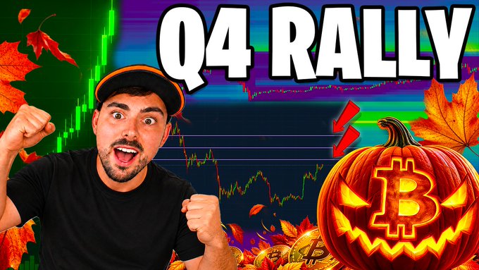 The image is a thumbnail featuring an excited man in a black shirt and cap with a clenched fist, set against a candlestick chart background with autumn leaves. The text "Q4 RALLY" is displayed prominently at the top, alongside a Jack-o'-lantern pumpkin with the Bitcoin (₿) logo and gold Bitcoin coins.