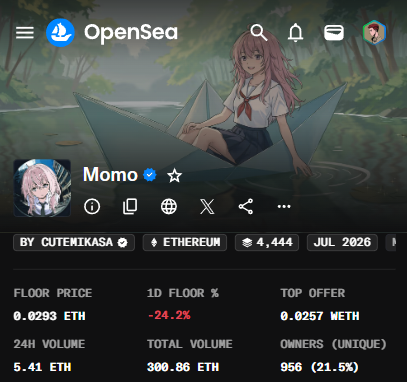 An OpenSea NFT profile page for an anime-style character named 'Momo' on the Ethereum blockchain, showing a floor price of 0.0293 ETH and 956 unique owners.