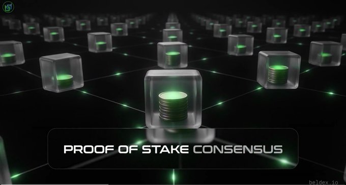A digital illustration showing translucent cubes containing stacks of green coins connected by glowing lines, with the text "PROOF OF STAKE CONSENSUS" displayed at the bottom.