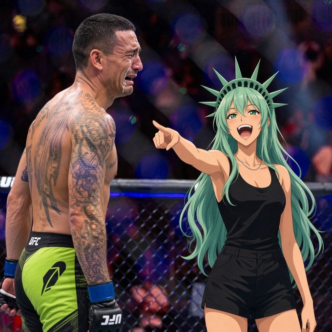 A UFC fighter with a shocked expression and the word "UFC" on his shorts stands inside an octagon cage, while an anime girl styled as the Statue of Liberty excitedly points at him, playfully symbolizing a triumphant "whale" celebrating a major win.