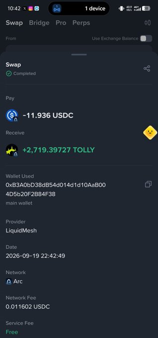 A mobile app screenshot showing a completed cryptocurrency swap of 11.936 USDC for 2,719.39727 TOLLY via LiquidMesh provider on the Arc network.