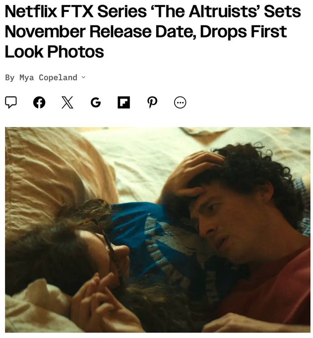 A news headline announces the November 19 release date of Netflix's "The Altruists" FTX series, accompanied by a first-look image showing two actors lying in bed in an intimate scene, visually previewing the show's exploration of Sam Bankman-Fried and Caroline Ellison's relationship amid the FTX collapse.