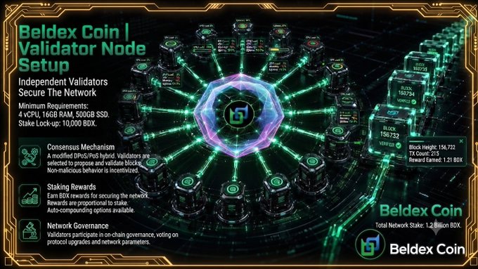 An infographic titled 'Beldex Coin | Validator Node Setup' detailing hardware requirements, staking rewards, and governance, showing a network visualization.