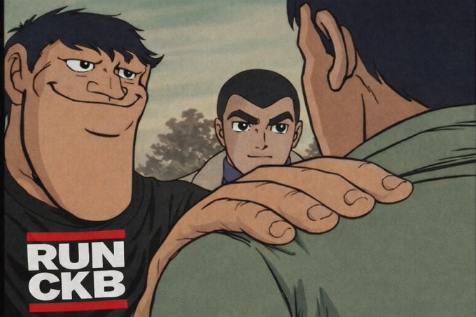 A vintage-style cartoon image of three muscular men staring intensely at each other, with the 'RUNCKB' logo in the corner.