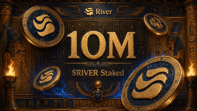 The image features a poster for a game called @River4Fun that has a gold background with the words "10M" written in large, bold letters at the top. The poster also includes illustrations of coins and a pharaoh, which are symbols often associated with ancient Egypt. The text on the poster encourages players to stay active while playing the game by using the coins as points or rewards for their efforts.