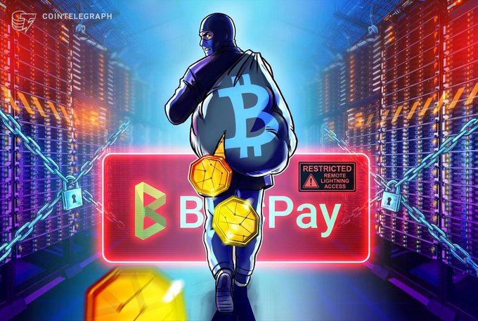 A digital illustration with a 'COINTELEGRAPH' logo in the top left, showing a figure in a balaclava carrying a sack with a Bitcoin 'B' logo, walking through a server room with chains and locks, and a red sign reading 'BTC Pay' with a 'RESTRICTED REMOTE LIGHTNING ACCESS' warning.