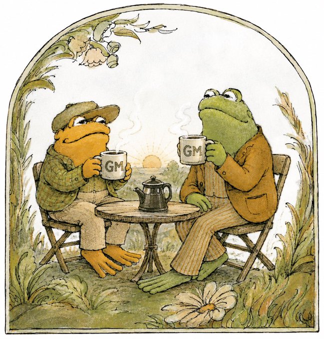 A whimsical illustration showing two frogs dressed in vintage clothing sitting at a small table, drinking from mugs labeled "GM" with steam rising and a teapot between them.