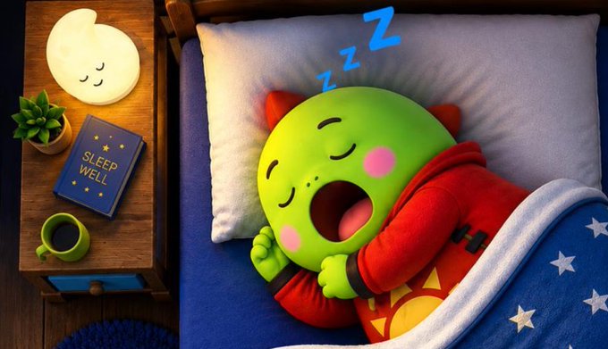 A smiling green character snores peacefully in bed next to a bedside table displaying a moon-shaped night light, a potted plant, a coffee mug, and a book titled "SLEEP WELL," with "Z Z Z" floating overhead—capturing the cozy sleep-themed branding of Sleepagotchi, Gotchi Labs' Health & Wellness vertical.