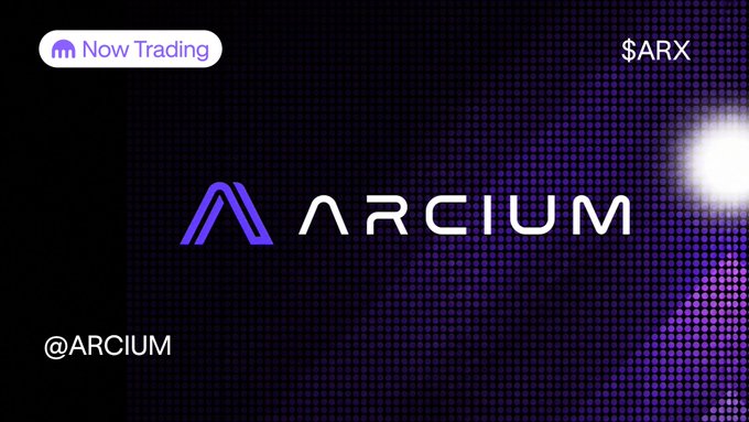 The image features a purple background with white dots arranged in a grid-like pattern. The text "ARX" is displayed at the top of the image, while the words "now trading" are written below it. Below this, there's an image of a computer screen displaying the website "arx.kraken.com/JDNW/ARX". This suggests that the image might be related to cryptocurrency or blockchain technology and is promoting the ARX coin.