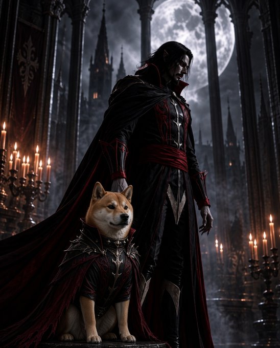 A dark, gothic digital artwork depicts a tall vampire-like figure in an ornate black and red cape standing beside a Shiba Inu dog, with a full moon and cathedral spires in the background.