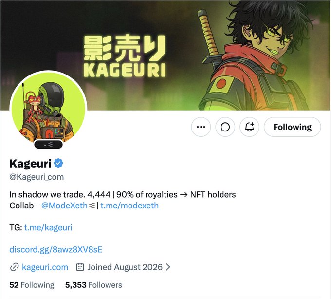 The image shows a verified Twitter/X profile for "Kageuri" (@Kageuri_com), featuring an anime-style character with dark hair, a sword strapped to his back, and a red jacket, alongside the Japanese text "影売り" (meaning "shadow seller"). The profile avatar depicts a masked figure holding a cat. The bio states "In shadow we trade. 4,444 | 90% of royalties → NFT holders," with a collaboration mention of @ModeXeth and a Telegram link (t.me/kageuri), Discord (discord.gg/8awz8XVBse), and website kageuri.com. The account joined August 2026, has 52 following and 5,353 followers. This profile directly corresponds to the accompanying post announcing the $Kageuri token launch, founded by @SatoshiHuessoto, with a 4,444 supply, 0.0033 ETH price point, 90% royalties to NFT holders, launching
