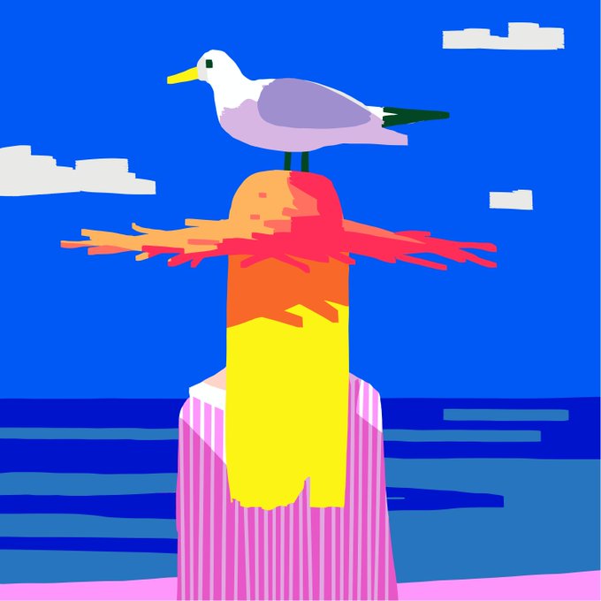 A colorful digital illustration showing a seagull perched atop an abstract figure with flowing orange and pink hair, set against a bright blue sky with white clouds and ocean.