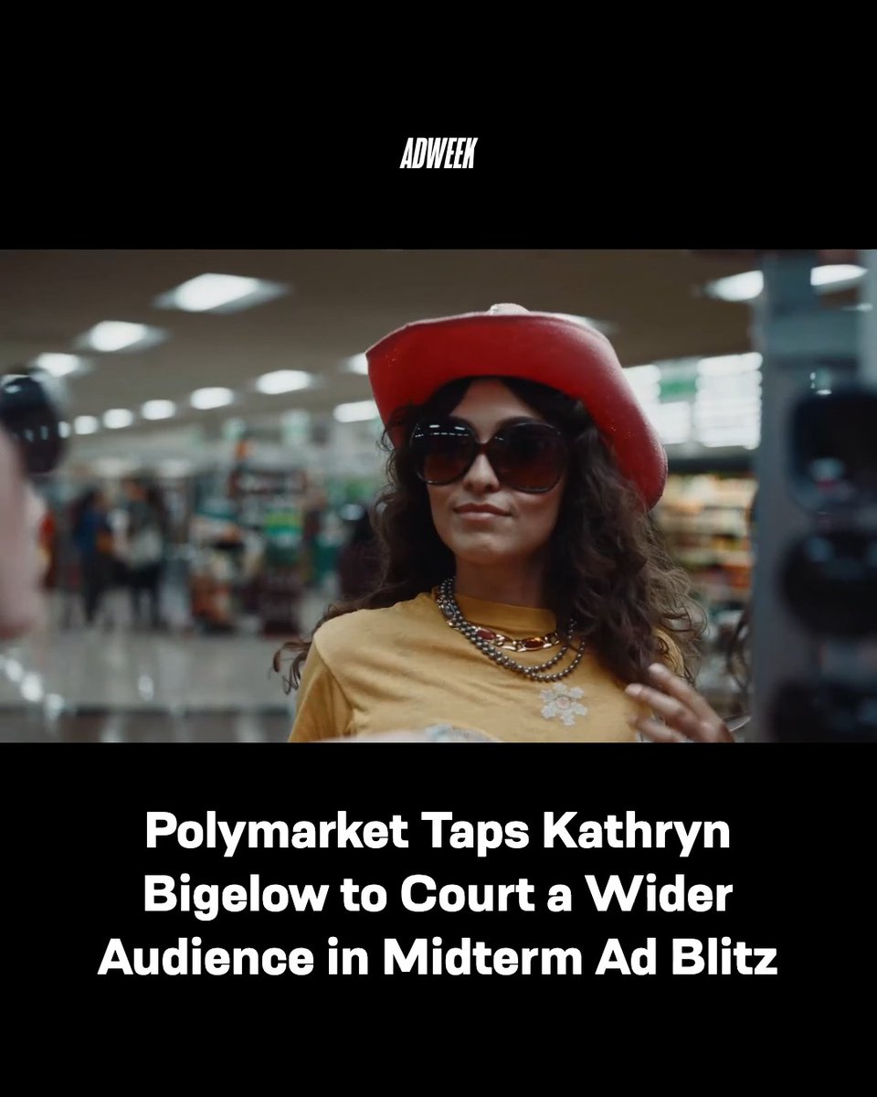 An Adweek video thumbnail featuring Kathryn Bigelow in a red cowboy hat and sunglasses, with the headline 'Polymarket Taps Kathryn Bigelow to Court a Wider Audience in Midterm Ad Blitz.'