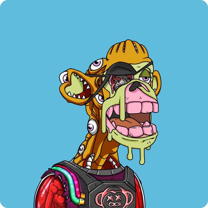 A digital illustration of a grotesque, cartoon-style character with a melting, multi-eyed face, exposed teeth, and cybernetic elements against a teal background.