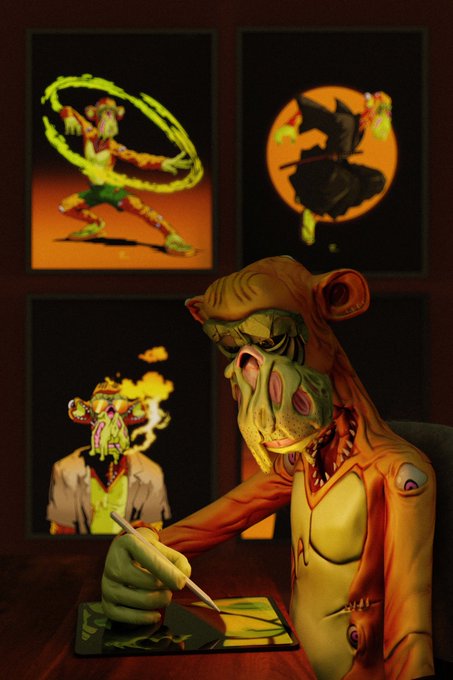 An anthropomorphic tiger in a yellow shirt using a stylus on a graphics tablet, with framed artwork including anime-style characters displayed on the wall behind.