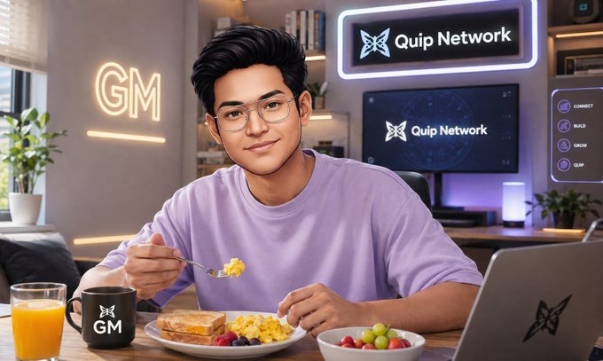 An AI-generated image of a young man with glasses and a purple t-shirt eating at a desk with a laptop, a 'GM' mug, and a plate of food. The background features signs for 'GM' and 'Quip Network', and a menu with options like 'CONNECT', 'BUILD', and 'GROW'.