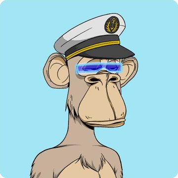 A cartoon NFT-style image of a monkey wearing a white captain's hat and glowing blue sunglasses against a light blue background.