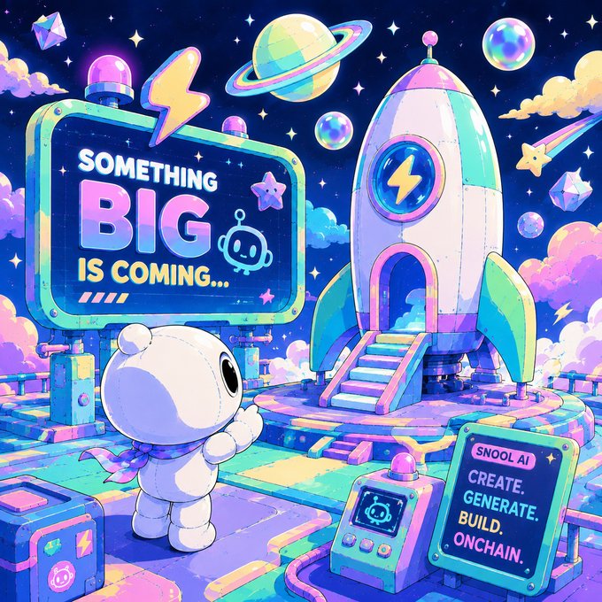A vibrant pixel-art style illustration shows a cute astronaut character looking up at a 'SOMETHING BIG IS COMING...' sign next to a colorful rocket, with a 'SNOOL AI - CREATE. GENERATE. BUILD. ONCHAIN.' display visible.