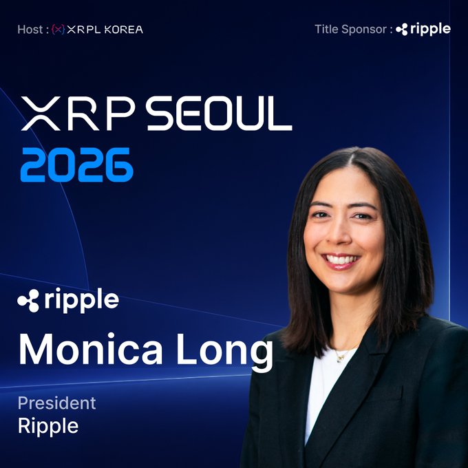 A promotional graphic for XRP Seoul 2026 announces Monica Long, President of Ripple (title sponsor), as a featured speaker at the event hosted by XRP Korea, featuring her professional headshot against a dark blue background.