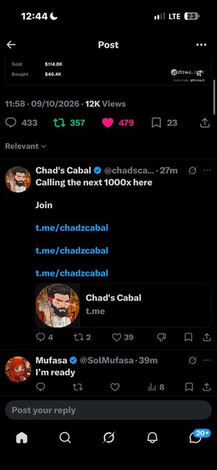A screenshot of an X (Twitter) post from @ziwu showing trading data ('Sold $114.8K, Bought $46.4K') with replies from Chad's Cabal and Mufasa.