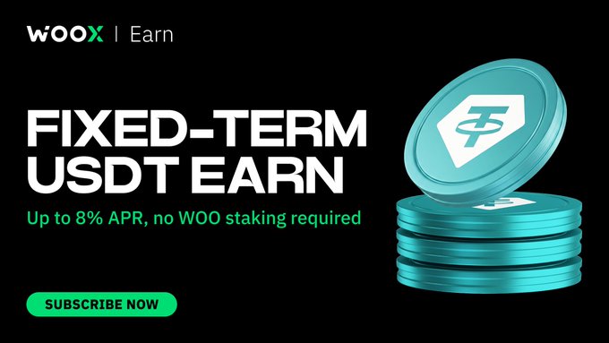 The image features a stack of blue coins placed against a black background with white text that reads "Fixed-Term USDT Earn". The text also includes an advertisement for a cryptocurrency called "USDT" which is related to the fixed-term earning concept.