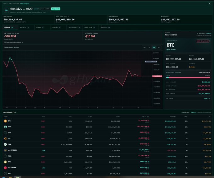 A Hyperliquid wallet intelligence dashboard for address 0x45d2...4029 showing BTC positions worth $19,999,837.66, with a risk terminal indicating a short position with $10.37M PnL.