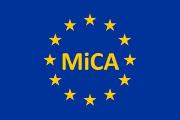 EU flag-style image with the text "MiCA" in yellow surrounded by yellow stars on a blue background, referencing the EU's Markets in Crypto-Assets regulation.