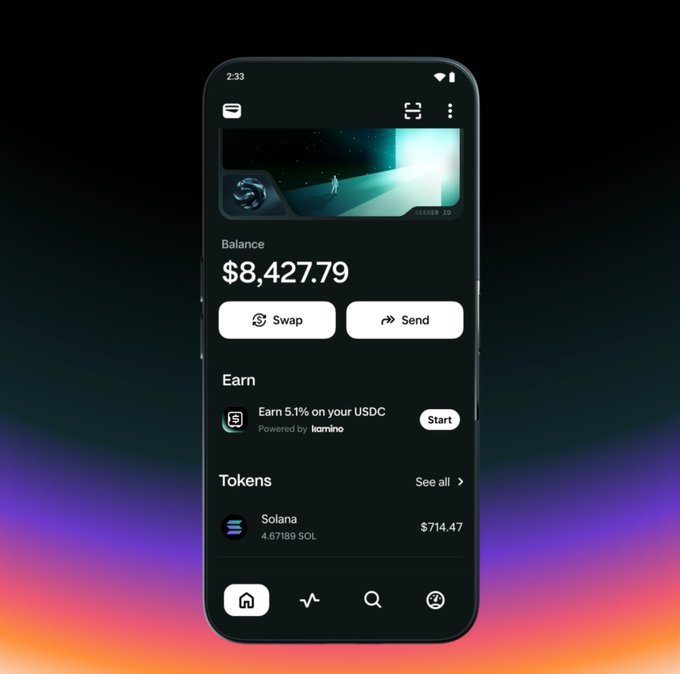 Mobile app screenshot showing a wallet balance of $8,427.79, featuring Swap and Send buttons, an 'Earn 5.1% on your USDC' offer powered by Kamino, and a Solana token holding.