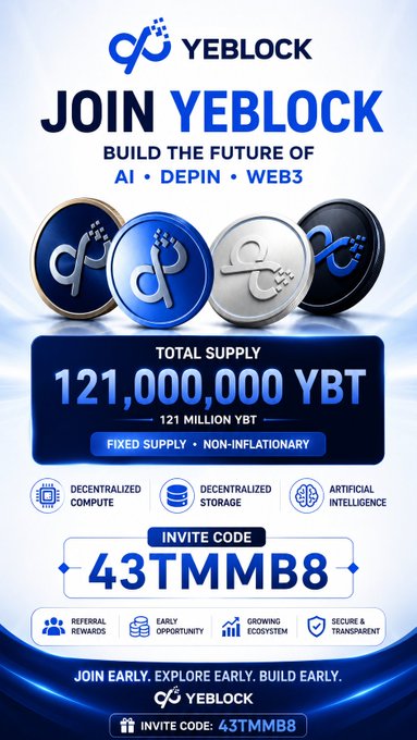 A promotional graphic for YeBlock ($YBT) showcasing its 121,000,000 YBT fixed, non-inflationary total supply, with the invite code "43TMMB8" prominently displayed for users to join the AI, DePIN, and Web3 ecosystem by creating an account and mining tokens.