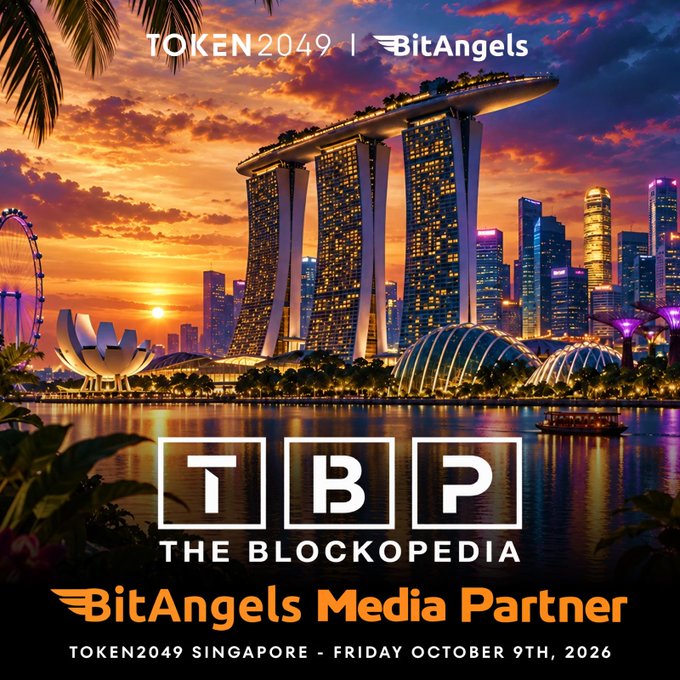 A promotional poster for TOKEN 2049 Singapore featuring the Singapore skyline at sunset with Marina Bay Sands, displaying logos for 'TOKEN 2049 | BitAngels', 'TBP THE BLOCKOPEDIA', and 'BitAngels Media Partner' for Friday October 9th, 2026.