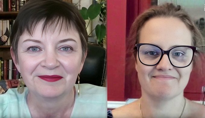 A split-screen image showing two women in what appears to be a video call - on the left, an older woman with short dark hair and red lipstick, and on the right, a younger woman with glasses and light brown hair.