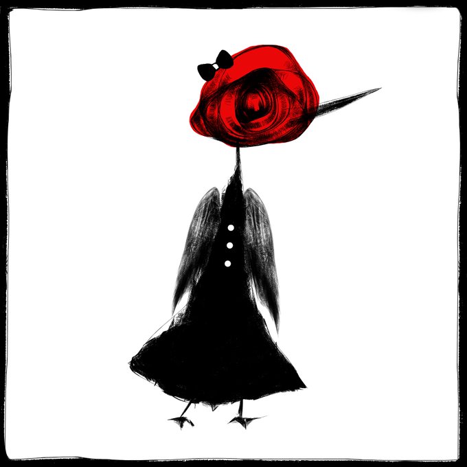 Stylized black ink illustration of a crow-like bird in formal attire with a large red rose for a head, set against a white background.