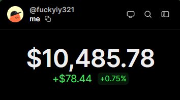 A screenshot of a Robinhood portfolio displaying the username @fuckyiy321 with a balance of $10,485.78, showing a daily gain of +$78.44 (+0.75%), visually confirming the poster's claim of surpassing $10,000 in crypto profits after starting from nearly nothing.