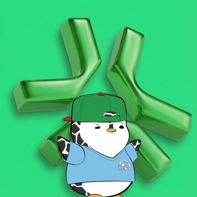 A cartoon penguin character wearing a green and red baseball cap and a blue t-shirt stands in front of a large, metallic green X-shaped sculpture on a bright green background.