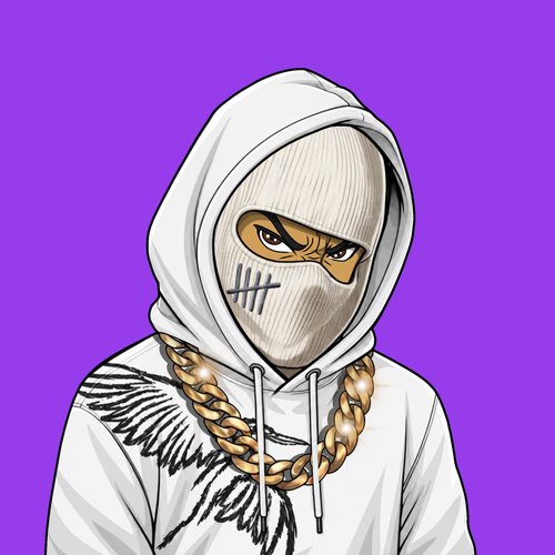 A digital illustration of a person in a white hoodie wearing a beige mask, gold chain necklace, and sporting feathered wings on a purple background.