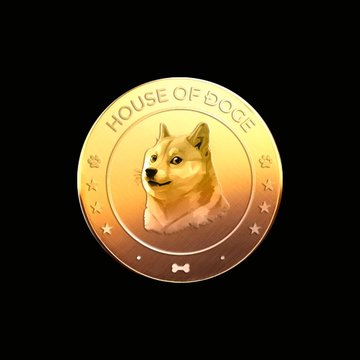 A gold coin featuring a Shiba Inu dog with the text "HOUSE OF DOGE" encircling the top, representing the Bitwise Dogecoin ETF (ticker: DOGE) following the SEC's filing of Form 25 for the fund.