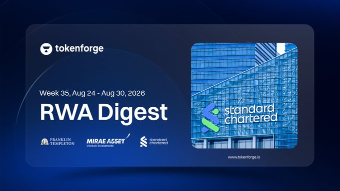 A Tokenforge 'RWA Digest' promotional banner for Week 35 (Aug 24 - Aug 30, 2026), featuring logos for Franklin Templeton, Mirae Asset Venture Investments, and Standard Chartered, with an image of the Standard Chartered building.