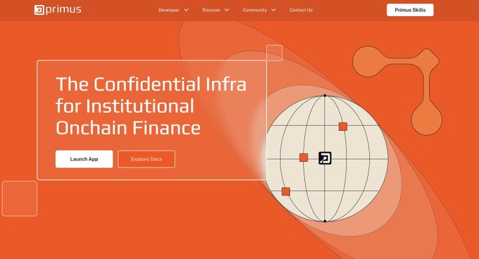 A website screenshot with the header 'primus' and headline 'The Confidential Infra for Institutional Onchain Finance,' featuring a globe graphic and orange accents.