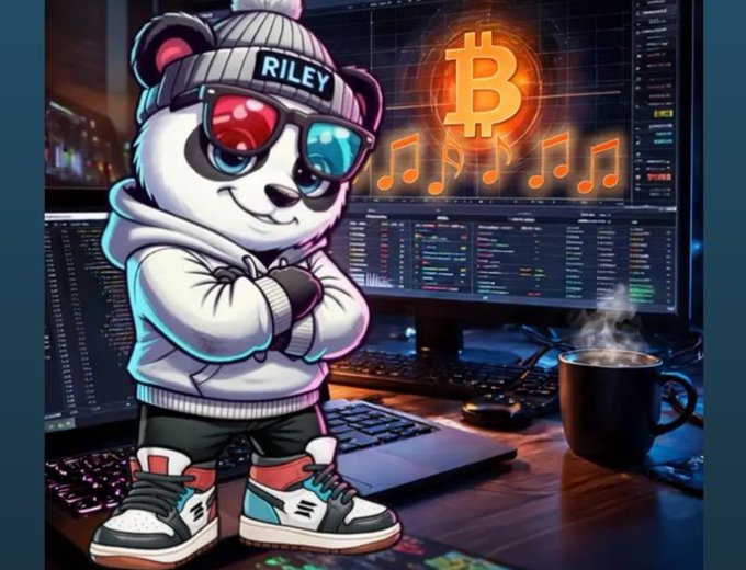 A cool cartoon panda named "RILEY" wearing sunglasses and a beanie stands confidently in front of a trading screen displaying the Bitcoin logo and music notes, alongside a steaming mug and laptop on the desk—visually tying together the themes of music streaming, Web3, and crypto culture referenced in the post about @BambitzRecords and the #Listen2Burn initiative.