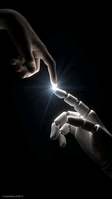 A dark, dramatic conceptual illustration showing a human hand reaching down from above with its index finger extended toward the fingertip of a white robotic hand reaching up from below, creating a bright spark of light at the point of near-contact.