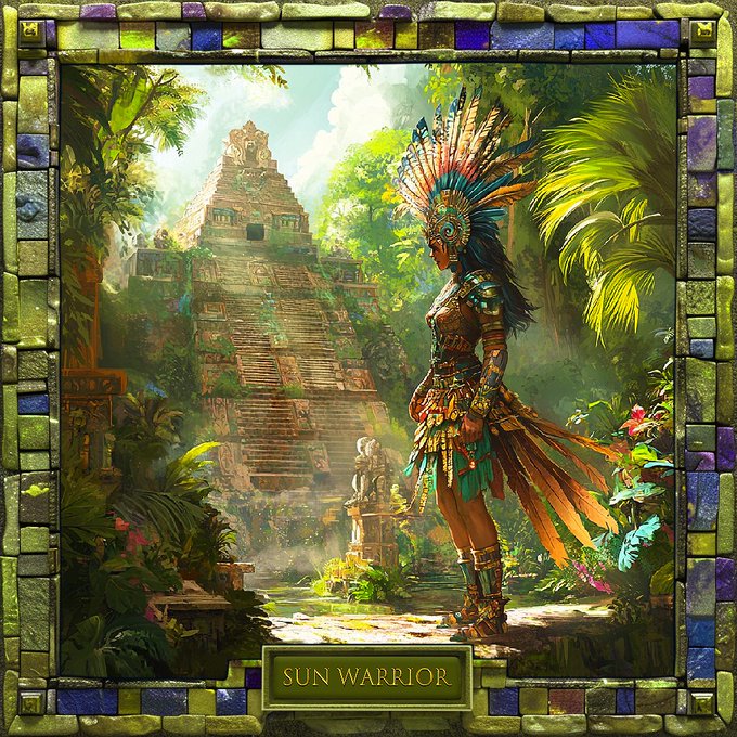 A warrior adorned in elaborate feathered regalia stands before a majestic Mesoamerican pyramid in a lush jungle setting, with the title "SUN WARRIOR" displayed at the bottom, representing a new NFT unlock in the Tenochtitlan Gardens phase of the mint bounty rollout.