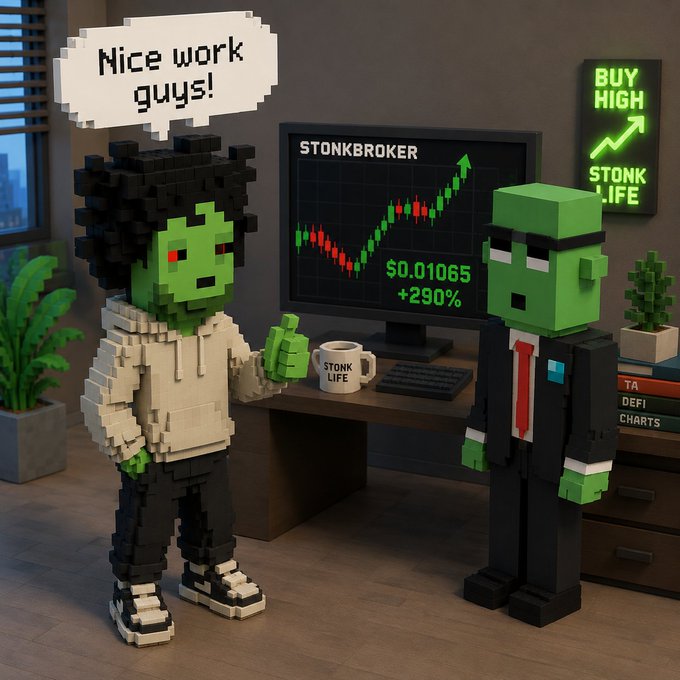 Two pixel-art characters with green skin stand in an office, with one saying 'Nice work guys!' in a speech bubble, and a monitor displaying 'STONKBROKER' showing a stock chart rising to $0.01065 (+290%), while a neon sign reads 'BUY HIGH STONK LIFE'.