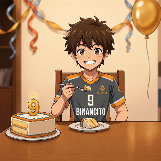 An anime-style illustration of a boy wearing a 'BINANCE' jersey with the number 9 and 'BINANCITO' written on it, eating cake at a 9th birthday celebration with streamers and a gold balloon.